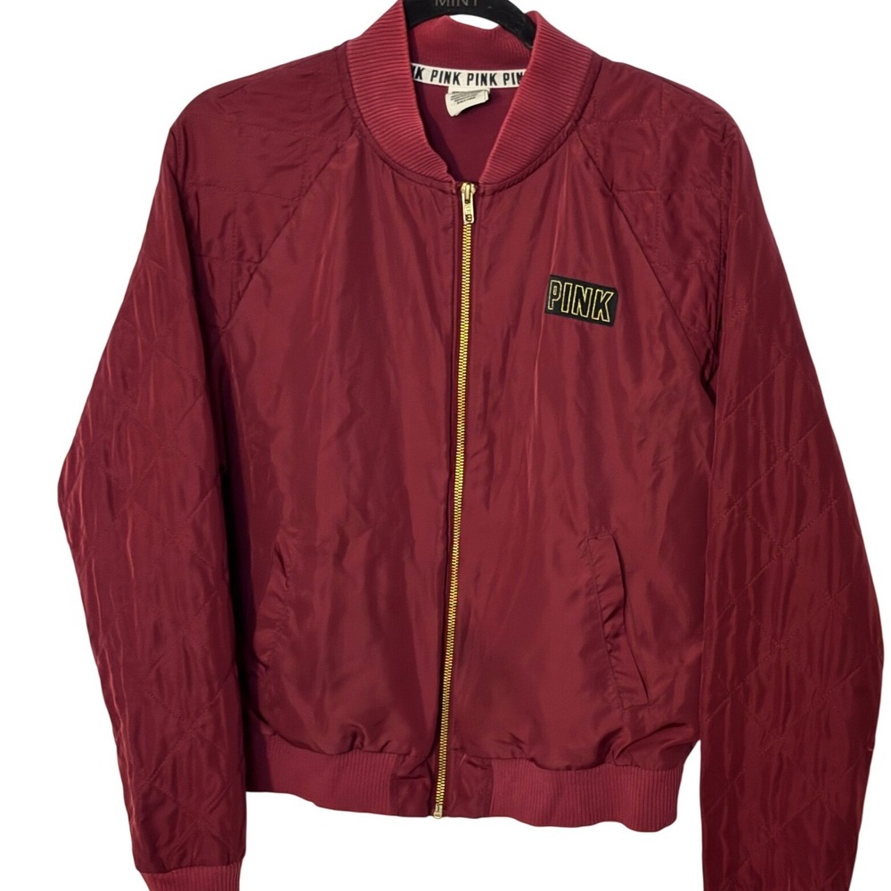 Victoria's‎ Secret PINK Maroon Quilted Bomber Jacket Gold Logo Small